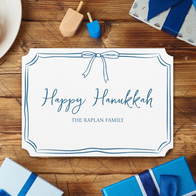Elegant Blue Bow Personalised Happy Hanukkah Card (Classic blue and white design captures the spirit of Hanukkah in a chic, refined style.)