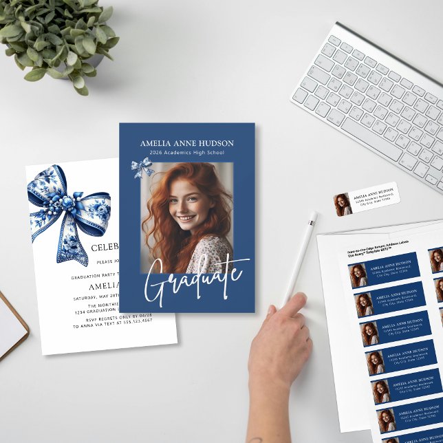 Elegant Blue Bow Photo 2026 Graduation Party Invitation (Creator Uploaded)
