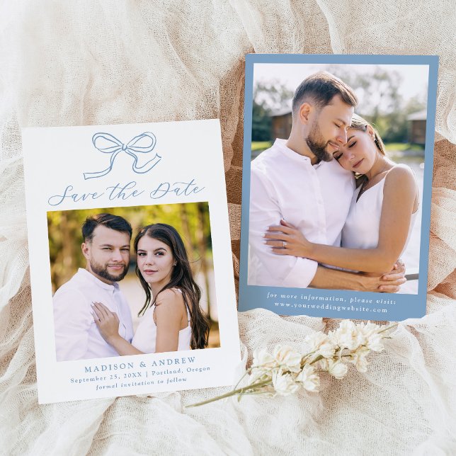 Elegant Blue Bow Photo Wedding Save the Date (Creator Uploaded)