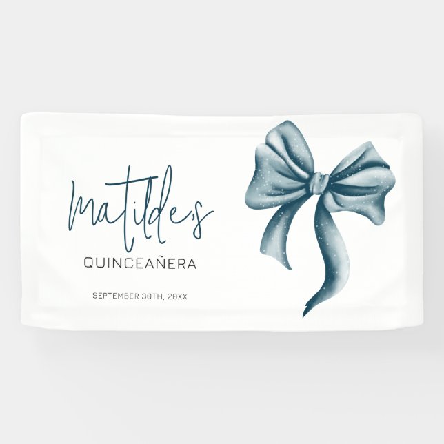Elegant Blue Bow Quinceanera Banner (Horizontal)