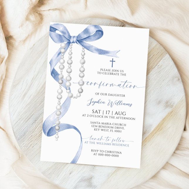 Elegant Blue Bow & Rosary Confirmation Invitation (Creator Uploaded)