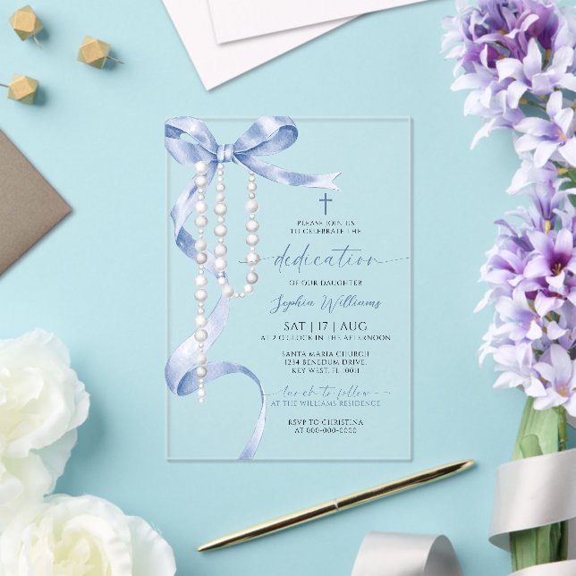 Elegant Blue Bow & Rosary Dedication Acrylic Invitations (Insitu (Wedding))