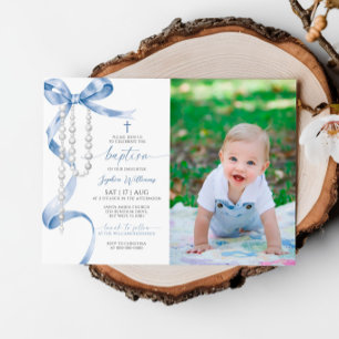 Elegant Blue Bow & Rosary Photo Baptism Invitation