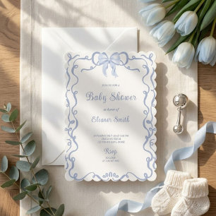Elegant Blue Bow Scalloped Baby Shower Invitation