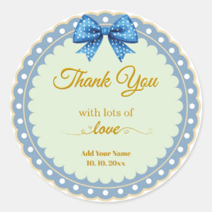 Elegant Blue Bow Thank You Scalloped Polka Dot Classic Round Sticker