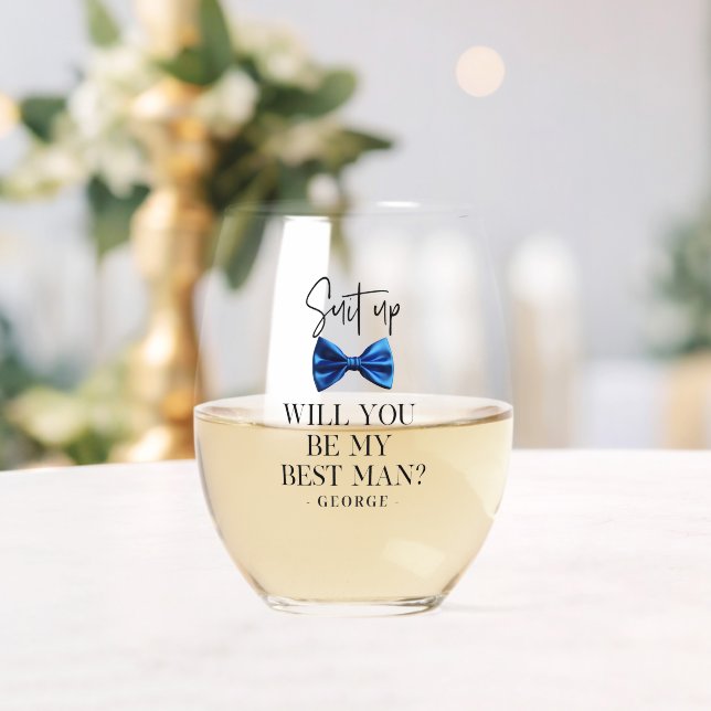 Elegant Blue Bow Tie Custom Best Man Proposal Gift Stemless Wine Glass (Insitu (Wedding))