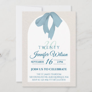 Elegant Blue Bow Twenty 20th Birthday Invitation