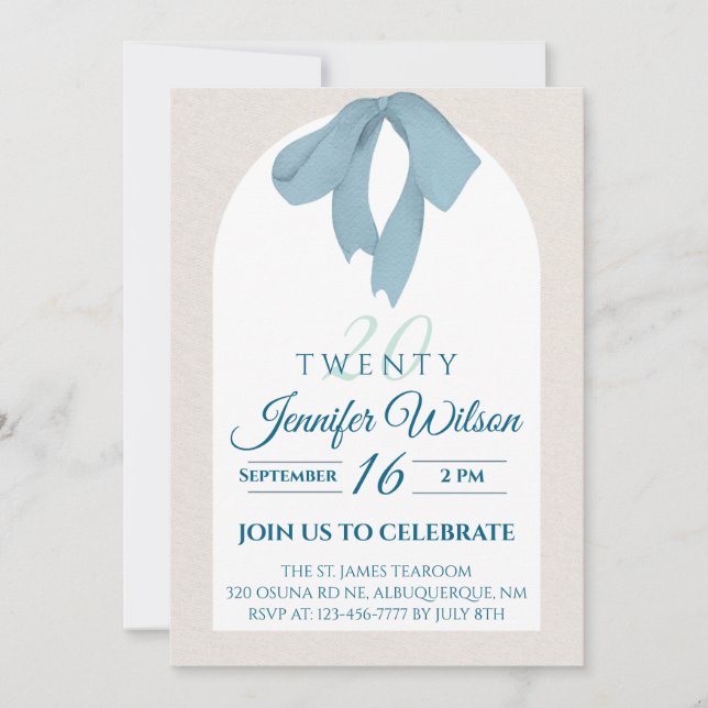 Elegant Blue Bow Twenty 20th Birthday Invitation (Front)