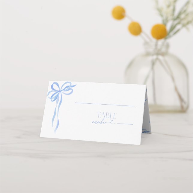 Elegant Blue Bow Watercolor Script Bridal Shower Place Card (Front)