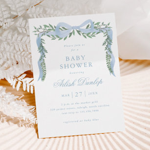 Elegant Blue Bow with Greenery Boy Baby Shower Invitation