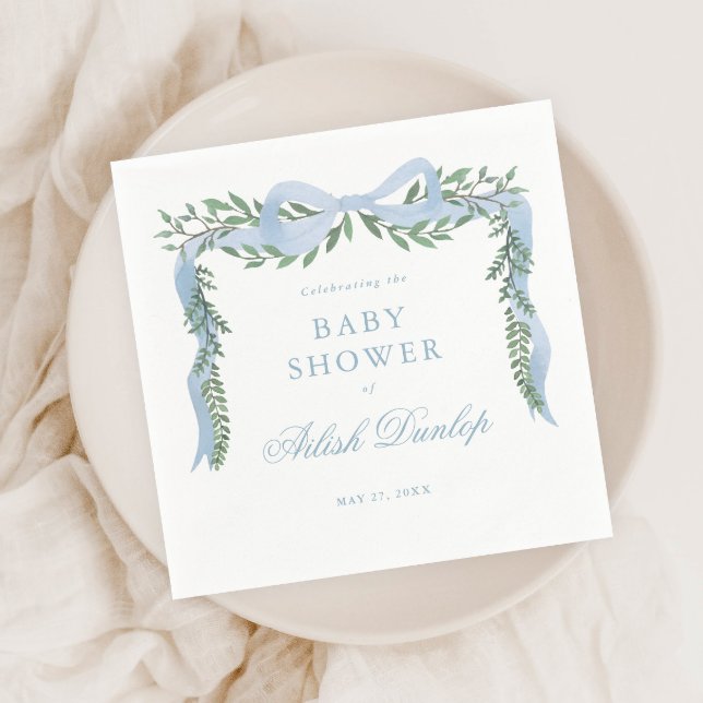 Elegant Blue Bow with Greenery Boy Baby Shower Napkin (Elegant blue bow greenery baby shower napkins.
)