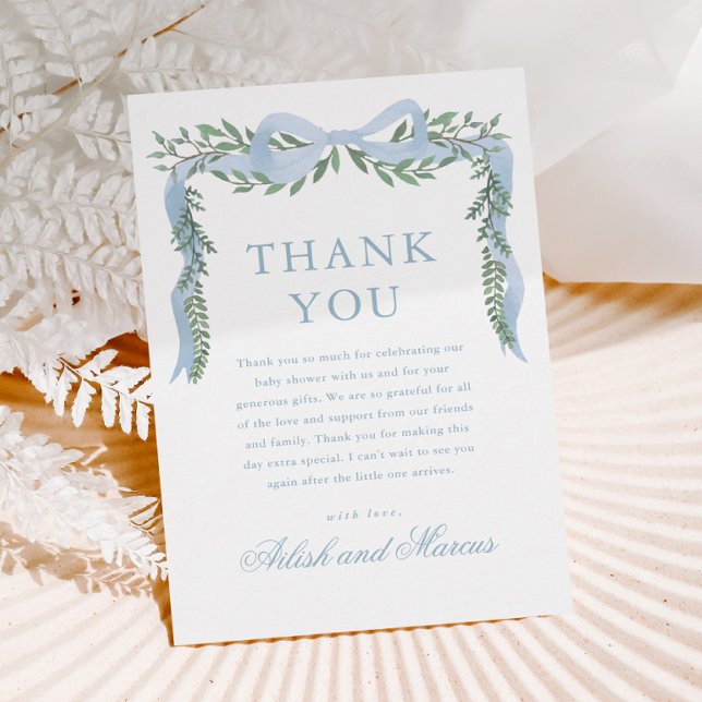 Elegant Blue Bow with Greenery Boy Baby Shower Thank You Card (Elegant blue bow greenery baby shower thank you cards.)