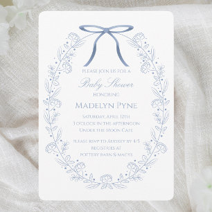 Elegant Blue Bows & Flowers Baby Shower Invitation