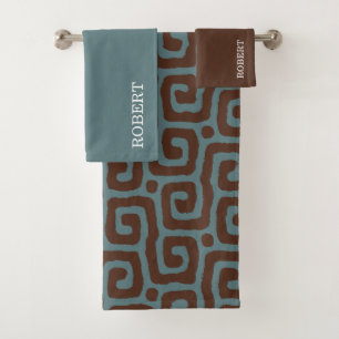 Elegant Blue &Brown Abstract Pattern Monogram Bath Towel Set