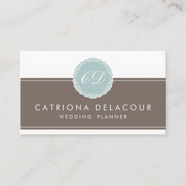 Elegant Blue & Brown Green Monogram Business Card (Front)