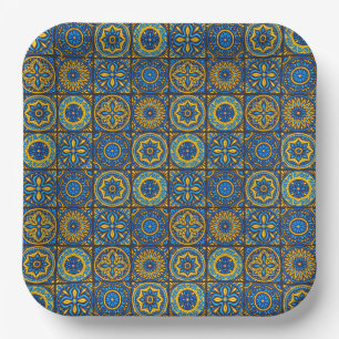 Elegant blue& brown Moroccan  pattern  Paper Plate