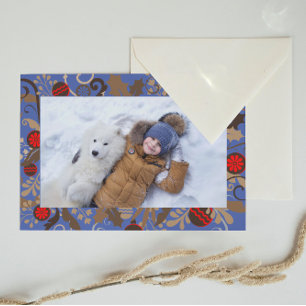 Elegant Blue & Brown Personalized Photo Christmas Postcard