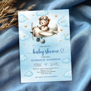 Elegant Blue Brown Teddy Bear Pilot Baby Shower Invitation