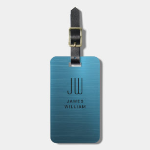 Elegant Blue Brushed Metal Monogrammed Luggage Tag