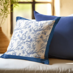 Elegant Blue Bunny Toile Easter Throw Pillow