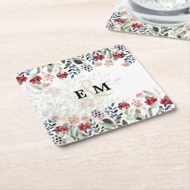 Elegant Blue Burgundy Floral Wedding MONOGRAMMED Square Paper Coaster (Angled)