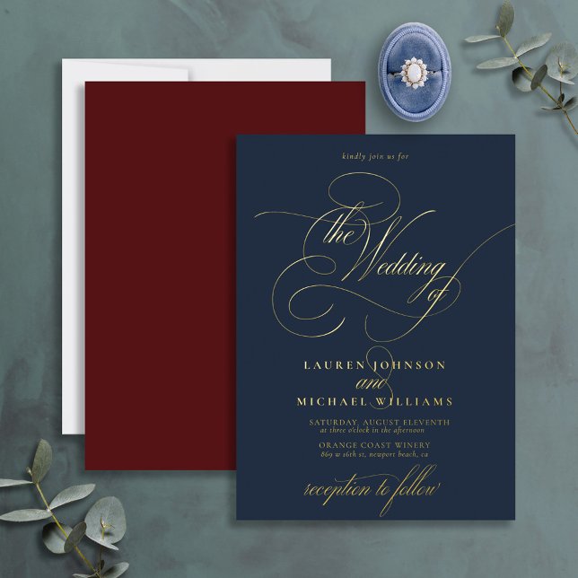 Elegant Blue Burgundy Gold Calligraphy Wedding (Creator Uploaded)
