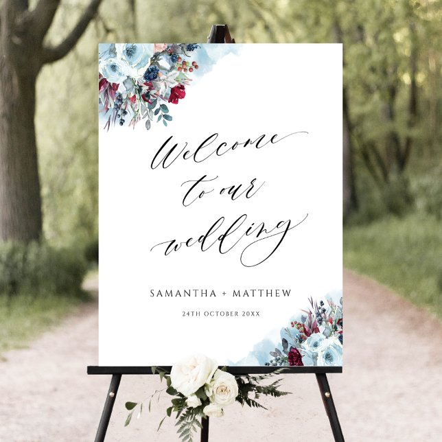 Elegant Blue Burgundy Red Wedding Welcome Sign (Creator Uploaded)