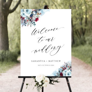 Elegant Blue Burgundy Red Wedding Welcome Sign