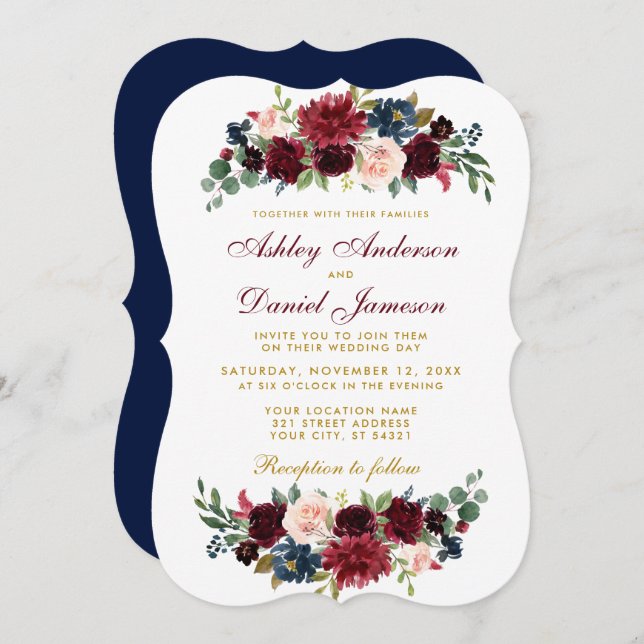 Elegant Blue Burgundy Watercolor Floral Wedding BR Invitation (Front/Back)