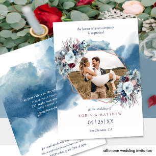 Elegant Blue Burgundy Watercolor Photo Wedding Invitation