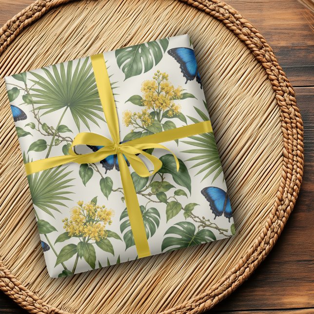 Elegant Blue Butterfly Botanical Wrap Wrapping Paper (Creator Uploaded)