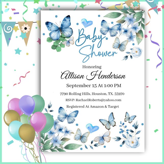 Elegant Blue Butterfly Boy Baby Shower Invitation (Creator Uploaded)