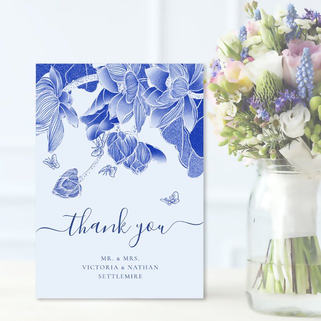 Elegant Blue Butterfly Flowers Wedding Thank You Card (Creator Uploaded)