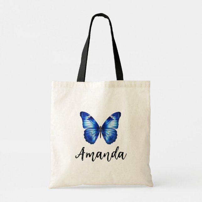 Elegant Blue Butterfly Name Girly Tote Bag (Back)