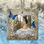Elegant Blue Butterfly Quinceanera Christmas Photo Ceramic Ornament<br><div class="desc">Beautiful blue butterflies personalised / custom Christmas ornament is versatile for elegant blue Quinceanera themes. Blue butterflies around decorative photo frame can easily be resized and repositioned on this commemorative gift. A vintage green,  beige,  brown keepsake for Christmas or a 15th birthday.</div>