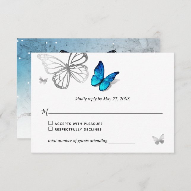Elegant Blue Butterfly Rustic Watercolor Wedding RSVP Card (Front/Back)