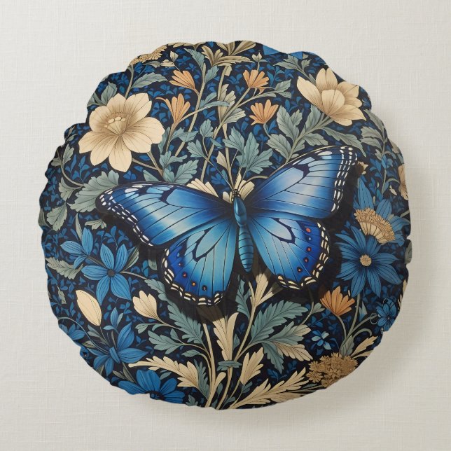 Elegant Blue Butterfly William Morris Inspired Round Cushion (Front)
