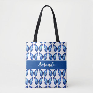 Elegant Blue Butterly Pattern Name Tote Bag