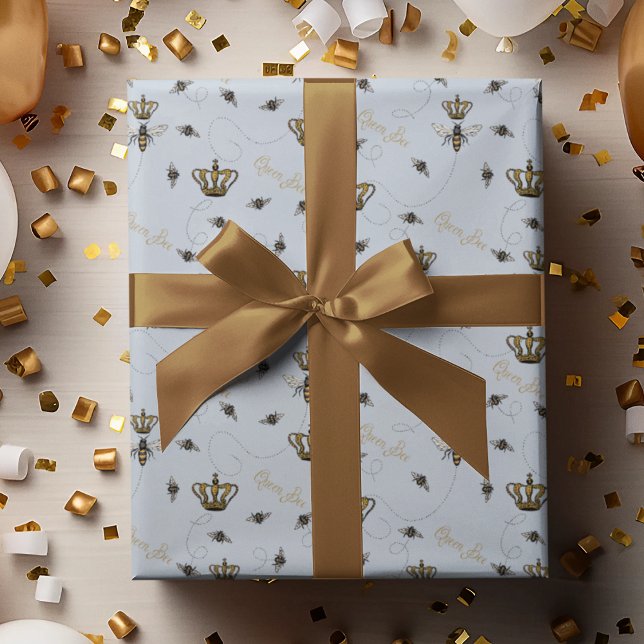 Elegant Blue Buzzing Royal Queen Bee & Gold Crown Wrapping Paper (Elegant Light Blue Buzzing Queen Bees & Royal Crowns with the Gold Hand-Written Text, "Queen Bee". 
)
