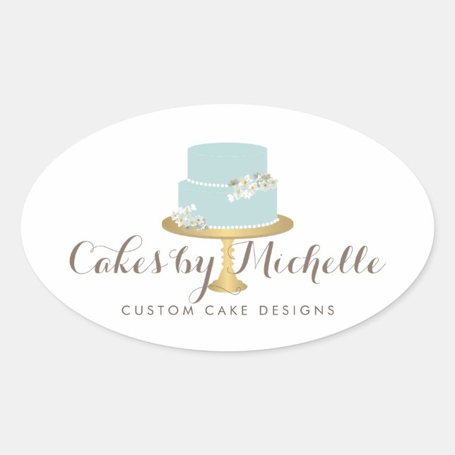 Elegant Blue Cake with Florals Cake Decorating Oval Sticker (Front)