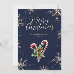Elegant Blue Candy Canes Snowflakes Christmas Card