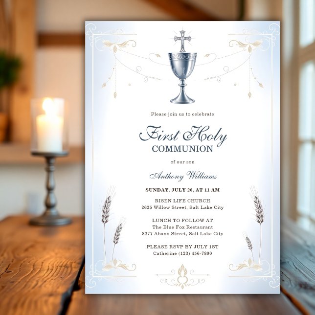 Elegant Blue Catholic Boy First Holy Communion Invitation (Elegant Blue Catholic Boy First Holy Communion Invitation)