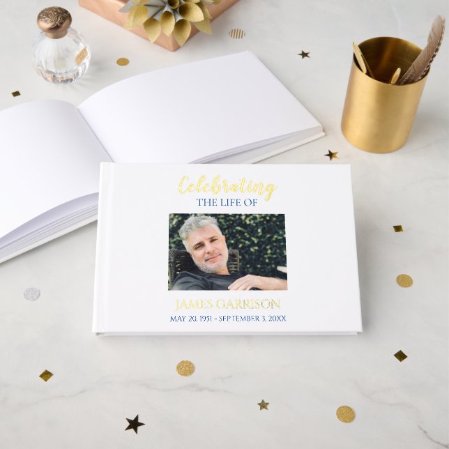 Elegant Blue Celebration of Life Photo Memorial Guest Book (Front Open)
