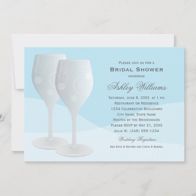 Elegant Blue Cheers Wine Glasses Bridal Shower Invitation (Front)