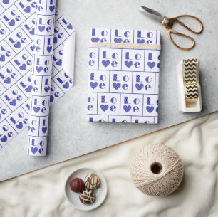 Elegant Blue Chequered Love Hearts Tiled Pattern Wrapping Paper