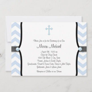 Elegant Blue Chevron Christening Invitation