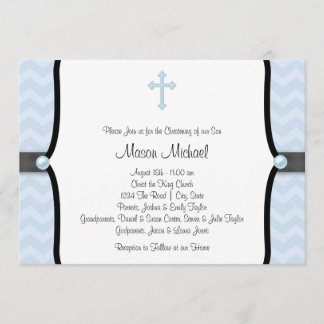 Elegant Blue Chevron Christening Invitation