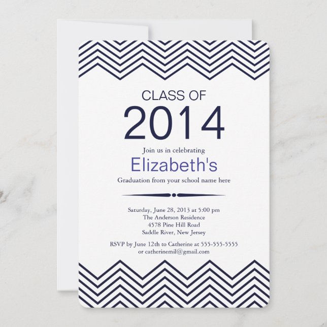 Elegant Blue Chevron Graduation Party Invitation (Front)