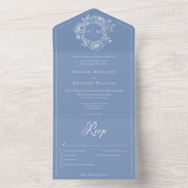 Elegant Blue Chinoiserie Bird Crest Wedding Dinner All In One Invitation (Inside)