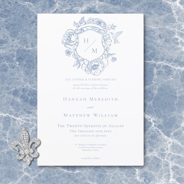 Elegant Blue Chinoiserie Bird & Crest Wedding Invitation (Elegant Blue Chinoiserie Bird & Crest Wedding Invitation)